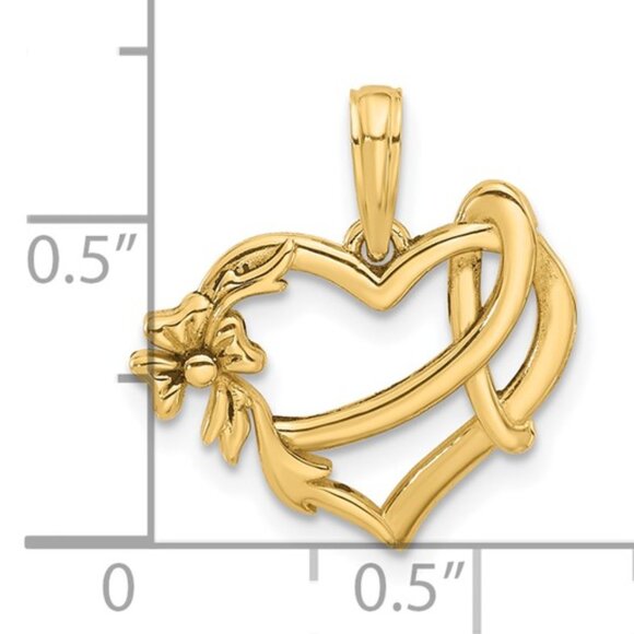 14k Yellow Gold Heart and Cancer Awareness Ribbon Necklace Charm Pendant - Picture 3 of 4
